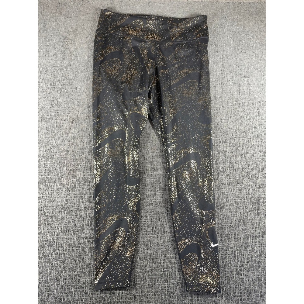 Nike One‎ Women's Metallic Gold & Black Mid Rise Training Running Leggings L